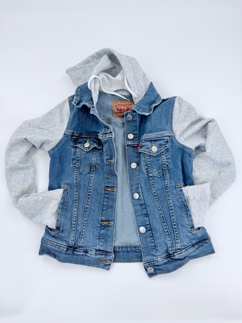 Levi’s Denim Jacket XS Hooded Trucker Jacket Gray Hoodie Sleeves Layered Look